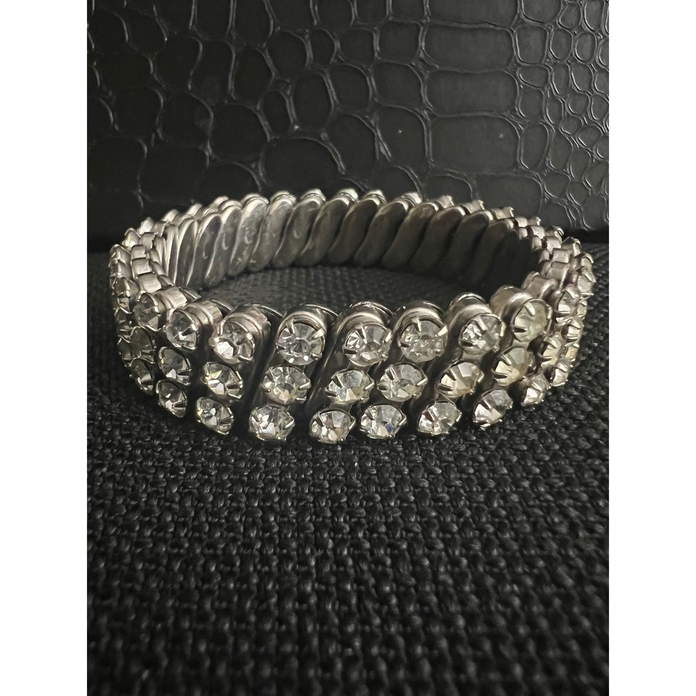 Vintage Silver Tone Triple Row Rhinestone Stretch Bracelet 6-7 Inch